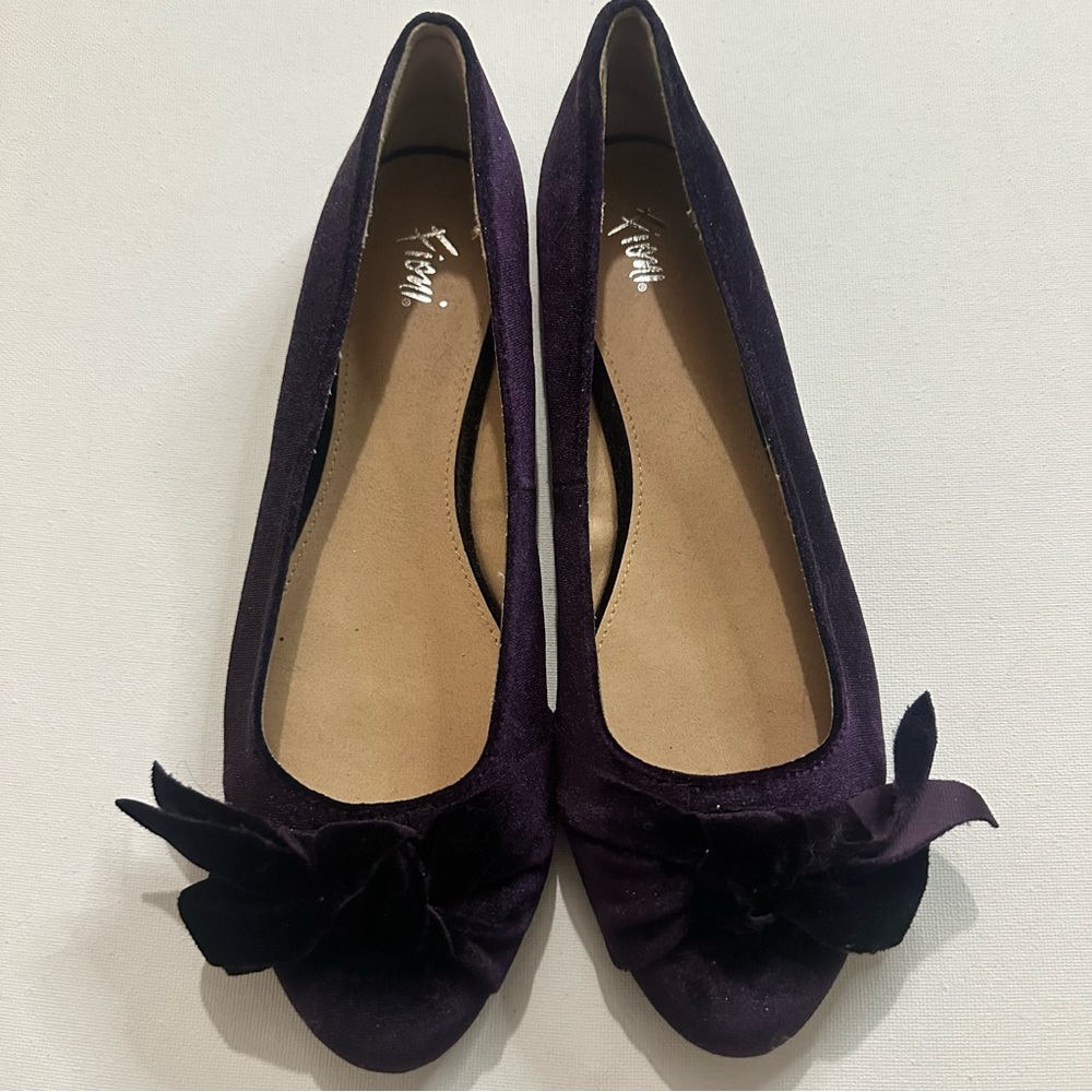 Fioni Dark Purple Velvet Ballet Office Flats with Bow Accent Size 10